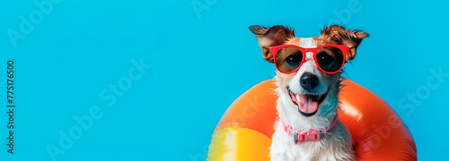Happy dog in sunglasses with inflatable ring on blue background, banner for summer vacation concept. Space for text. © XC Stock