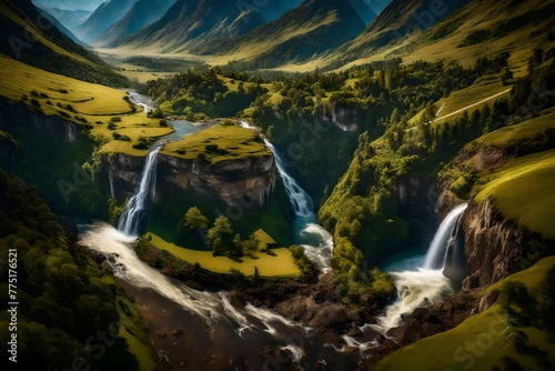 A mesmerizing aerial view of a waterfall snaking its way through a picturesque valley, creating a stunning tapestry of water and land