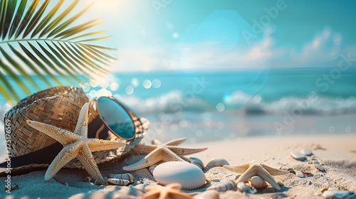 Tropical Beach with sunbathing accessories, summer holiday background and copy space, ai generated