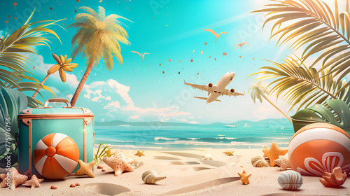 Tropical Beach with sunbathing accessories, summer holiday background and copy space, ai generated