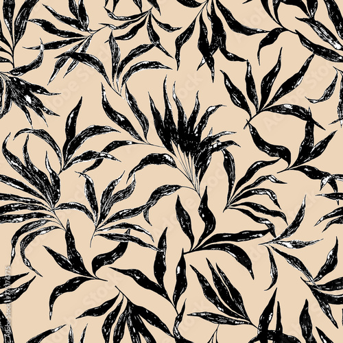 Abstract tropics seamless pattern. Grunge palm trees silhouettes transparent texture background. Exotic illustration for summer design, beach swimwear fabric, wallpaper.