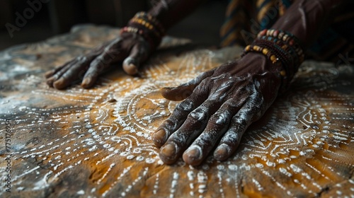 Vodou Veve Symbols Drawn in Flour for a Ceremony The intricate lines spread out