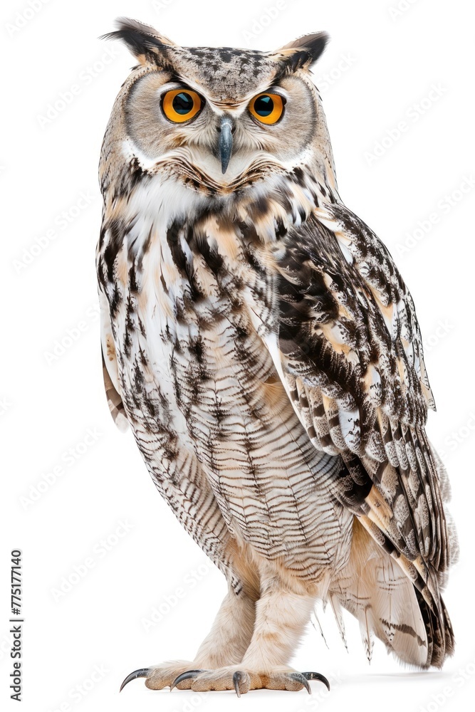 Obraz premium Eagle Owl Standing on White Background. Wild Animal Cut-out for Animal Themes with Grey Feathers and No People. Wildlife Photography