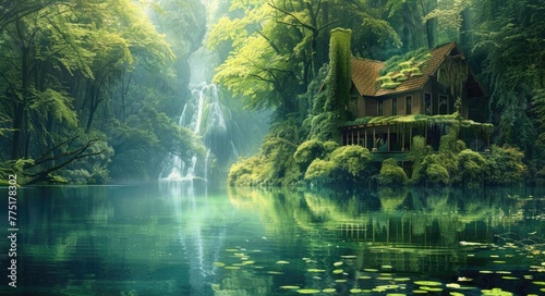 Glorious Landscape of a Rainforest Lakehouse: Reflection of Thick Forest and Cascading Water with Moss - Nature's Finest photo