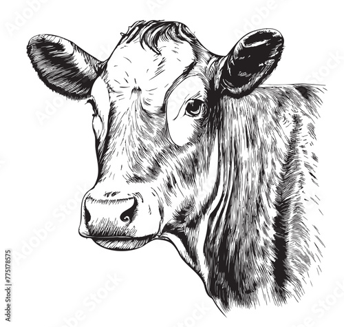 Cow face detailed hand drawn sketch illustration Farming
