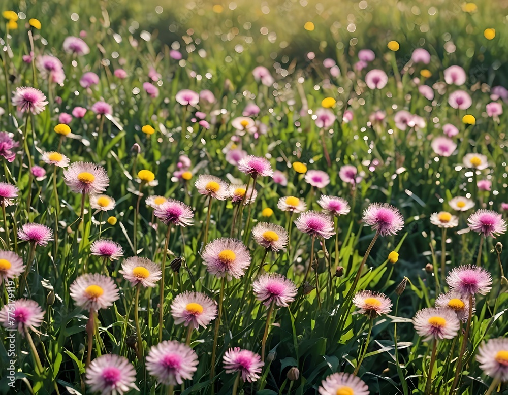 Obraz premium field of wildflowers, meadow with pink and white flowers on the grass on bokeh background