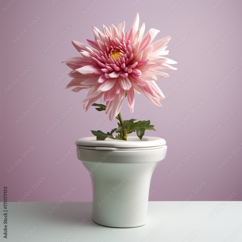 flower on toilet white backround сreated with Generative Ai