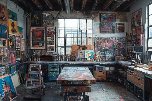 Eclectic artists studio with vibrant artwork and a variety of materialsup32K HD © Interior Stock Photo