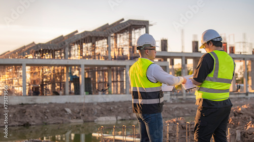 Two Asian engineer working at site of a large building project,Thailand people,Work overtime at construction site,Team of engineer discus at site