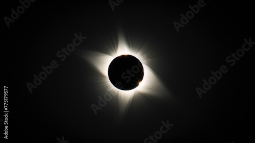 total solar eclipse viewed from the ground, black sky, white sun corona visible in center of frame, silhouette of moon covering all but its edge photo