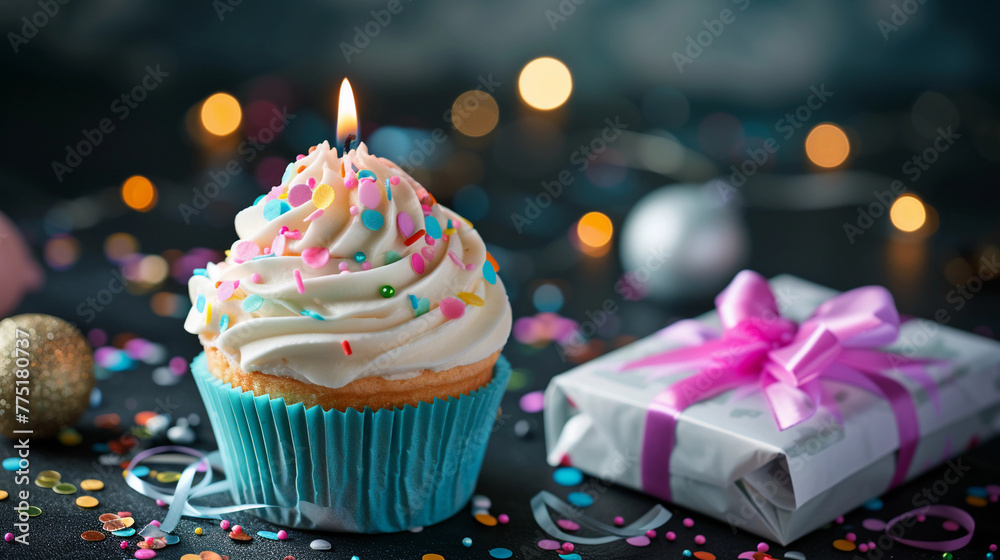 Delicious birthday cupcake with candle near gift box on table against blurred festive lights space for text, birthday concept with bokeh background.