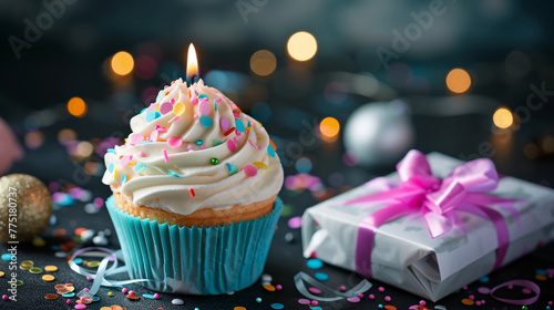 Delicious birthday cupcake with candle near gift box on table against blurred festive lights space for text  birthday concept with bokeh background.