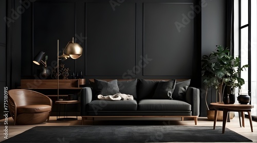 Interior design mockup of a modern, luxurious living room featuring black walls, a dark interior featuring a black wall, a wooden console, and a chair