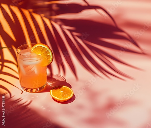 glass of orange juice on the beach photo