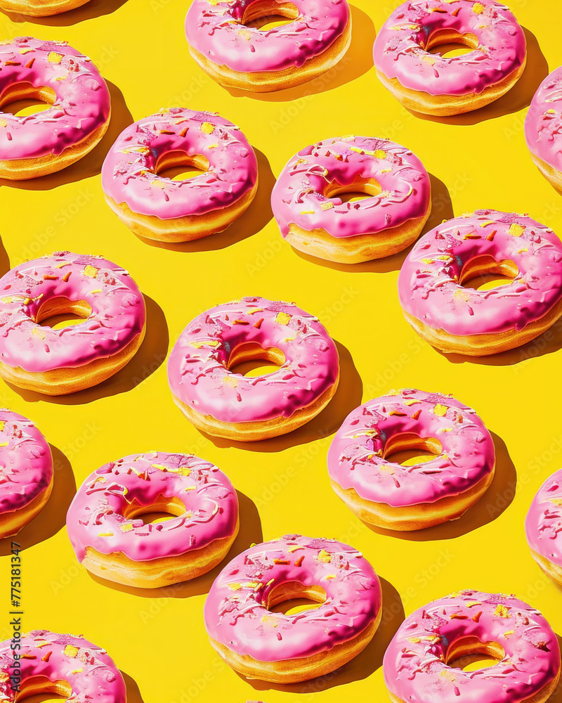 Pattern of pink donuts on yellow background with sprinkles Pattern of pink donuts on yellow background with sprinkles