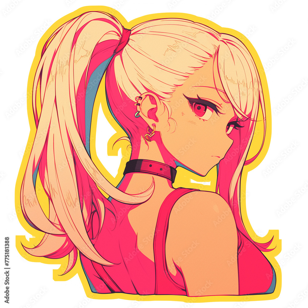 A high-resolution sticker design of an anime e-girl seen from behind with a choker