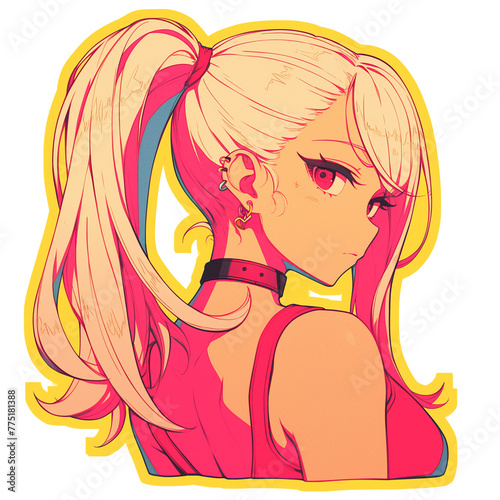 A high-resolution sticker design of an anime e-girl seen from behind with a choker