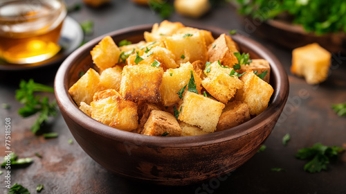 A wooden bowl filled with golden-brown croutons, garnished with herbs, perfect for a flavorful crunch.