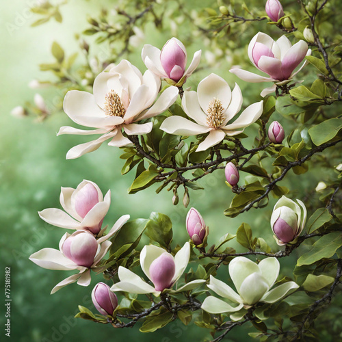 Natural Spring Magnolia Flowers With Dreamy Green Foliage Background (ID: 775181982)