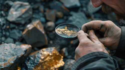 Geologist examining a gold vein at a mining site, with a magnifying glass in hand