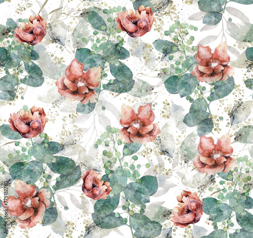 Fototapeta Naklejka Na Ścianę i Meble -  Watercolor design of leaves and flowers