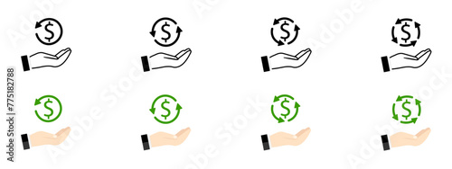 Conversion rating icon. Hand holding dollar icon set. Vector icons concept, money exchange in human hand.