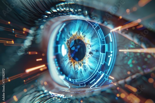 Medical expert with a hologram of the human eye, showcasing new contact lens technology, 3D illustration #775182972