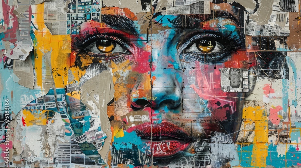 A colorful painting of a woman's face with a yellow eye. The painting is a collage of different colors and textures, giving it a unique and abstract appearance