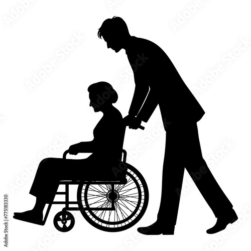 Silhouette of a young man pushing a wheelchair with an elderly woman. vector illustration