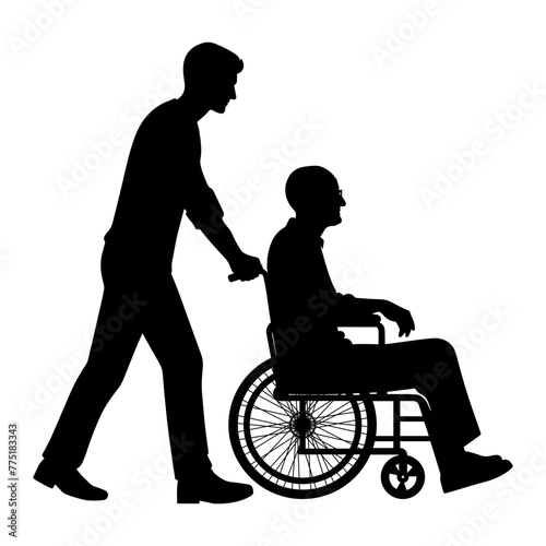 Silhouette of a young man pushing a wheelchair with an elderly person. vector illustration