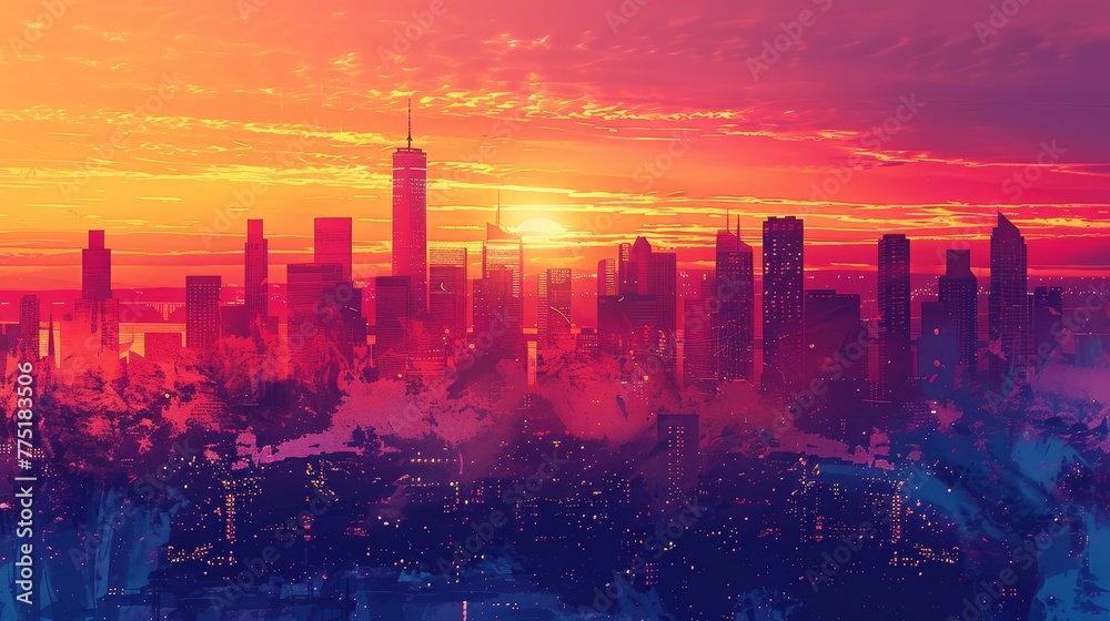 A city skyline with a sunset in the background. The sky is a mix of orange and pink hues, creating a warm and inviting atmosphere. The cityscape is filled with tall buildings