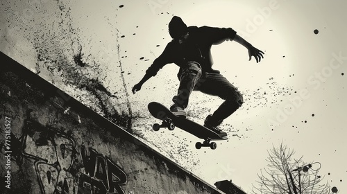 A man is skateboarding down a ramp. The image is in black and white and has a moody, edgy feel to it