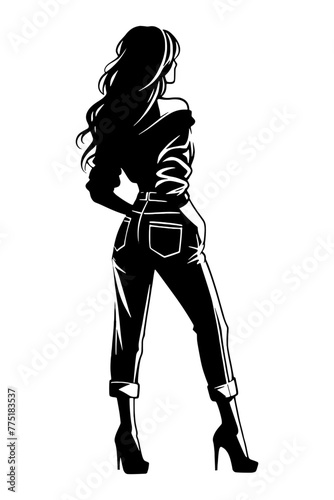 Fashion cute stylish young woman wearing denim pants. Vector illustration