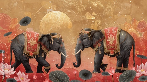 Sophisticated card with elephants in festive attire among lotus flowers, ancient Sinhalese symbols, and a golden sun for New Year prosperity. © Татьяна Креминская