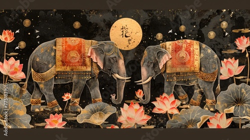 Sophisticated card with elephants in festive attire among lotus flowers, ancient Sinhalese symbols, and a golden sun for New Year prosperity. photo