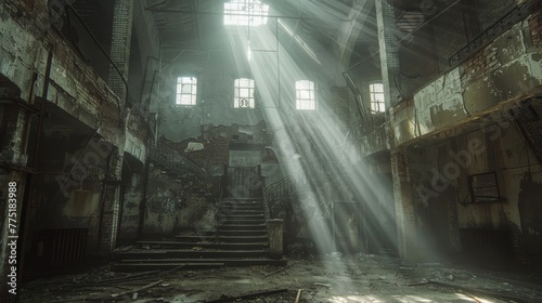 A large, empty room with a lot of sunlight coming in through the windows. The room is very dark and empty, with only a few windows letting in light. Scene is eerie and unsettling, as the emptiness