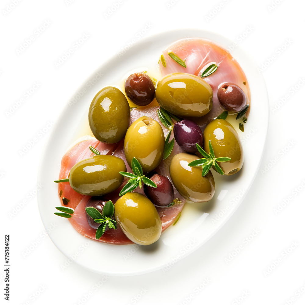 olives with tuna top view white backround сreated with Generative Ai olives with tuna top view white backround сreated with Generative Ai