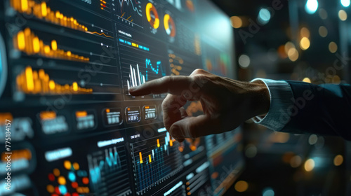 A robot arm reaches out to touch a virtual display filled with data graphs, charts, and tech interfaces photo