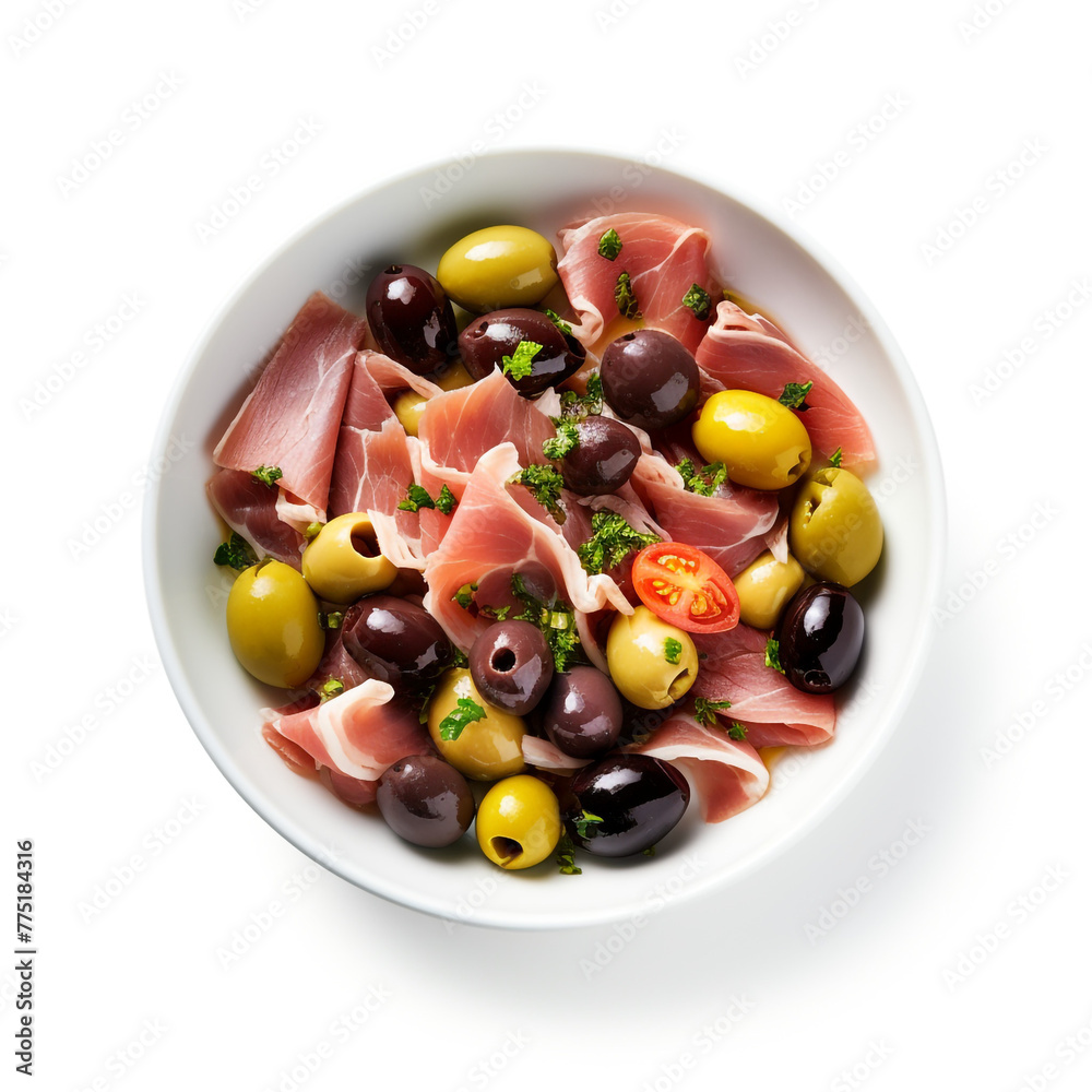 olives with tuna top view white backround сreated with Generative Ai