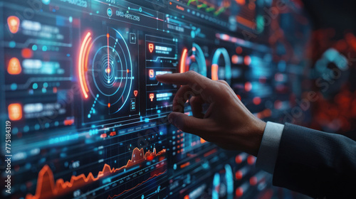 A humanoid robot assesses complex financial data displayed across multiple digital screens, symbolizing AI in finance