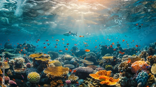 A beautiful coral reef with a shark swimming in the middle. The water is teeming with fish of all colors © Sodapeaw