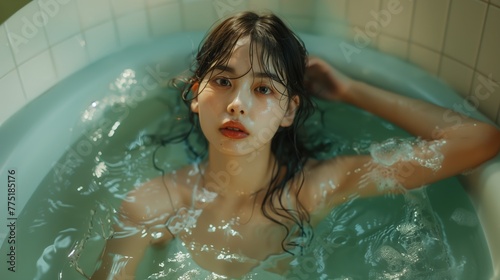 Beautiful young Asian woman in a swimsuit relaxing in light green bathtub. Represents relaxation.