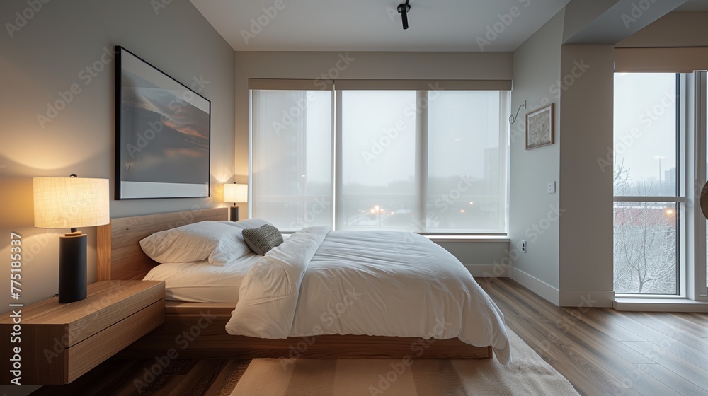 Modern interior bedroom, set against a backdrop of neutral walls and hardwood floors. Minimalist furnishings. Modern interior bedroom, set against a backdrop of neutral walls and hardwood floors. Minimalist furnishings.