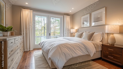 Modern interior bedroom, set against a backdrop of neutral walls and hardwood floors. Minimalist furnishings. © STKS