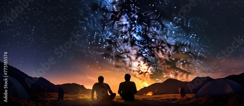 Back view of young couple tourists having a rest at campfire near glowing tent under night sky full of stars and Milky way. photo
