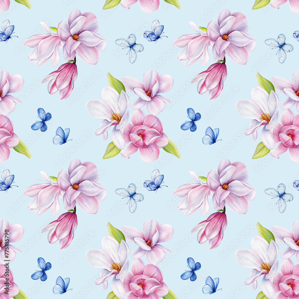 Spring magnolia blooming flowers, butterfly. Seamless pattern pink blossom, branches. Design spring floral background