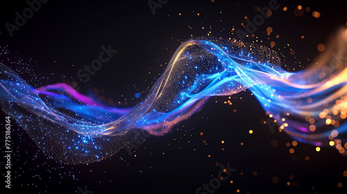 Abstract flowing fluid light particles purple and blue on black background in concept technology, science