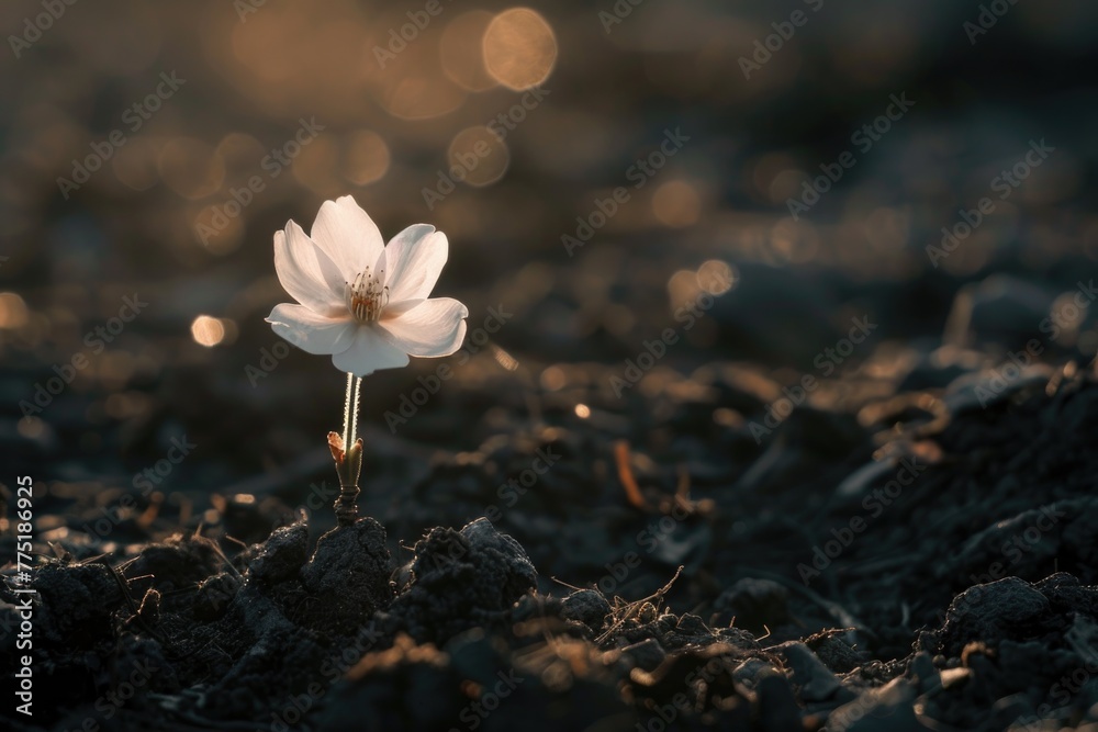 A cherry blossom sapling emerging from murky, shadowed ground, with delicate petals catching dim light - obrazy, fototapety, plakaty 