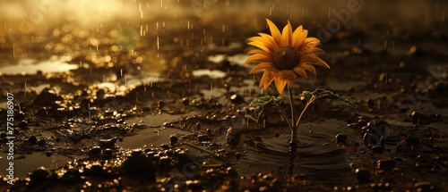 Realistic portrayal of a sunflower barely rising in wet, dark earth, with a single ray of hope above