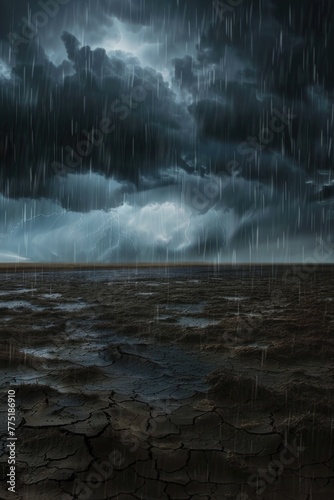 Realistic and detailed image of dry land eagerly absorbing the first heavy rain, under dark clouds